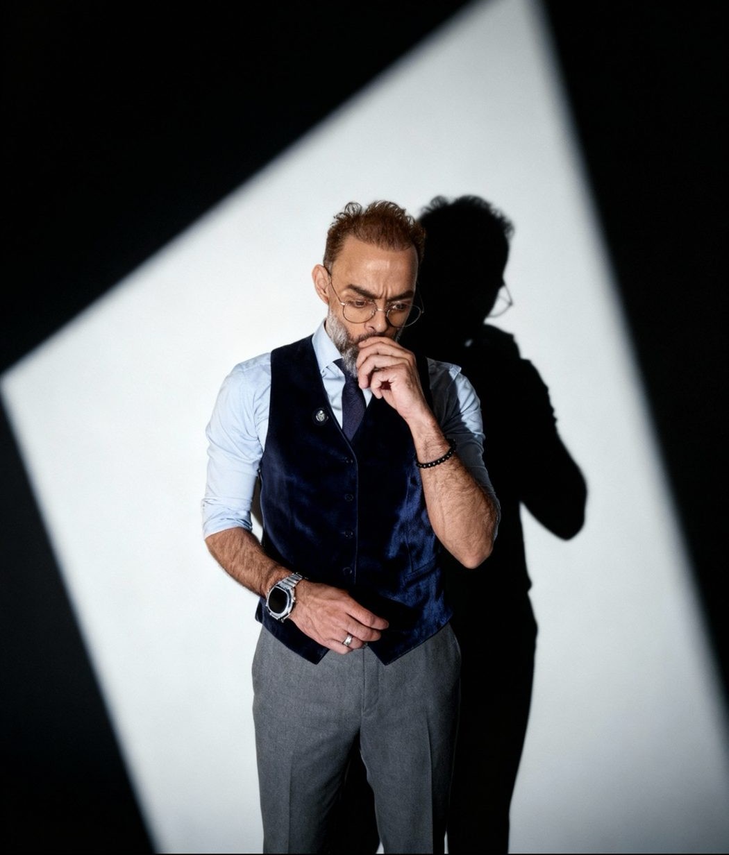 Zeeshan Sabri in a reflective editorial portrait